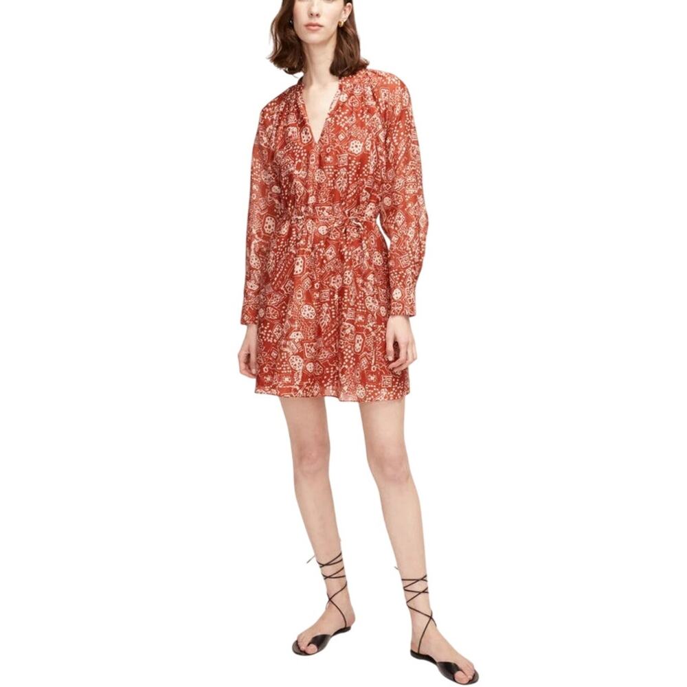 Rebecca Taylor Labyrinth Long Sleeve Shirt Dress Red Clay Floral Mini Small